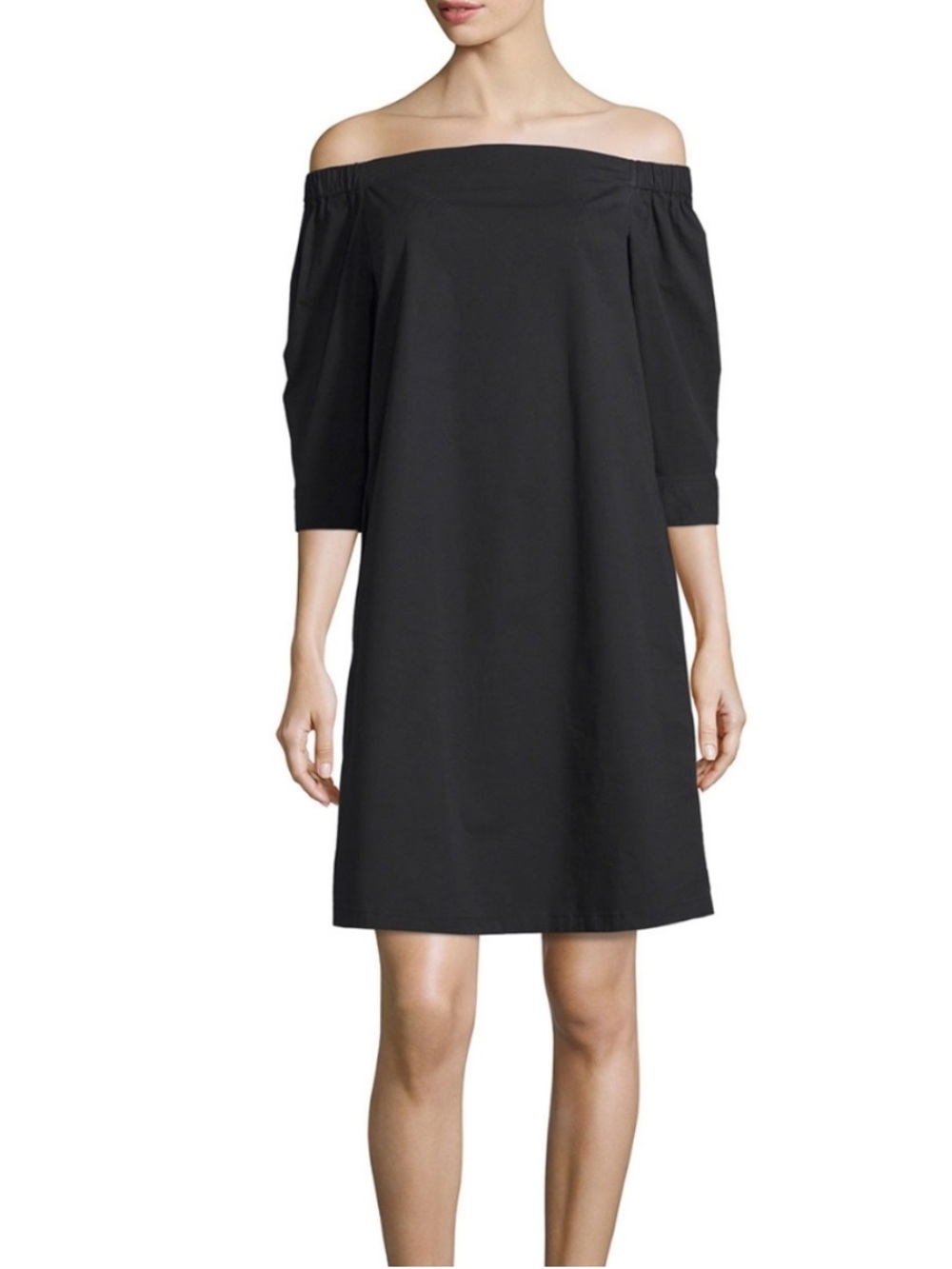 Theory Black Off-Shoulder Poplin Shift Dress